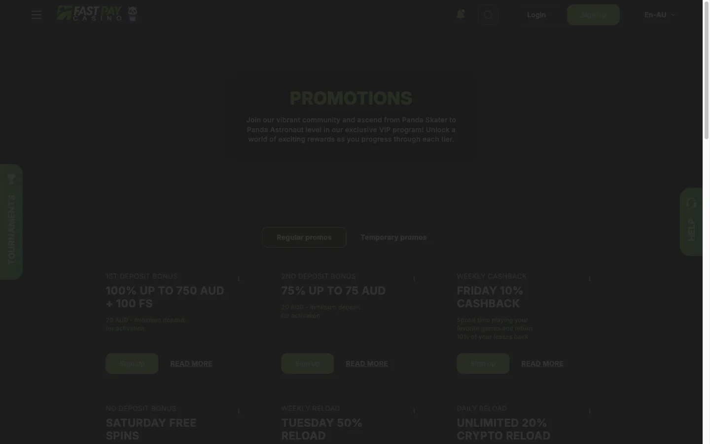 FastPay Casino promotions page showing the A$750 welcome bonus and free spins offers in Australian dollars