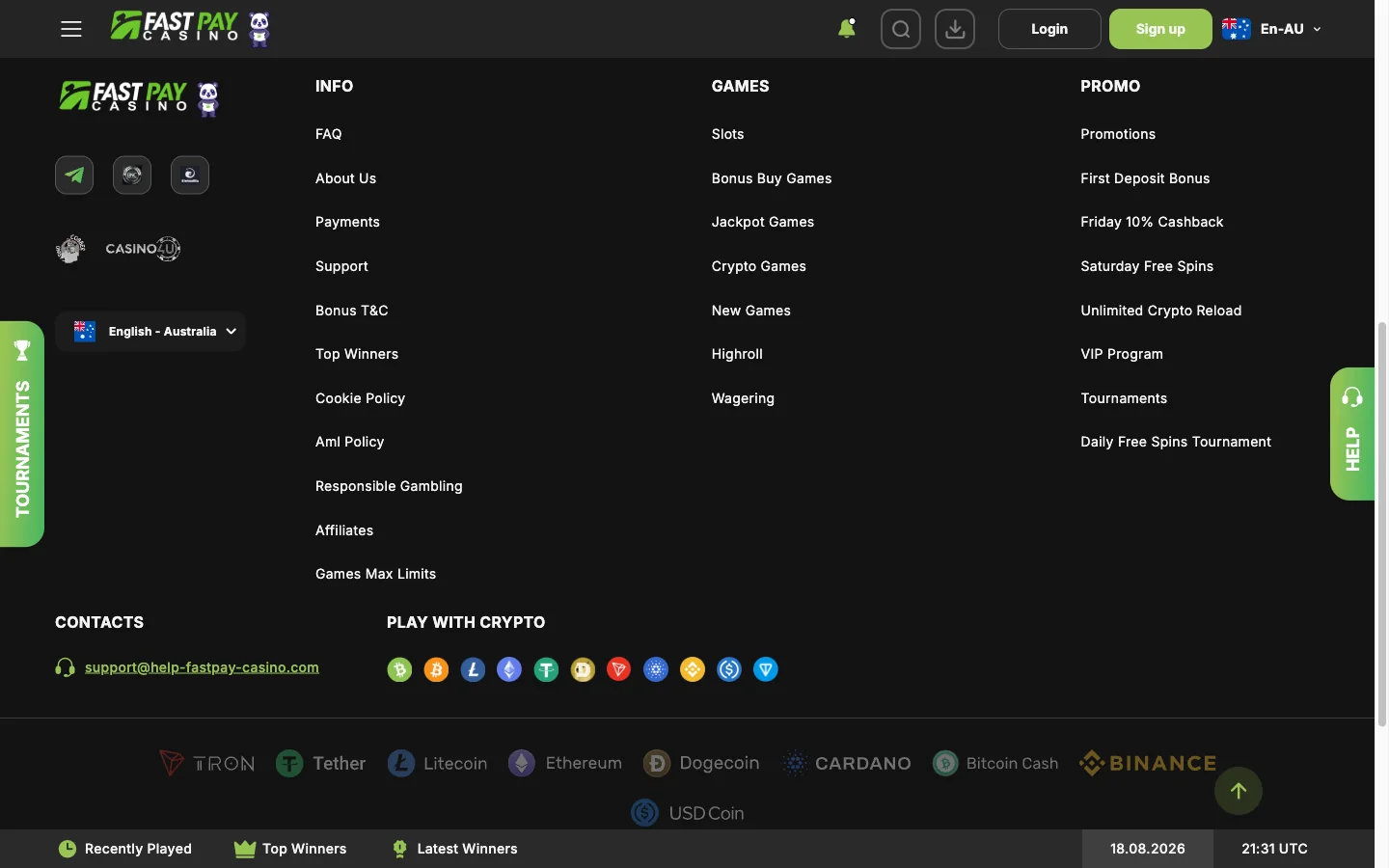 FastPay Casino payment methods for Australian players showing the nine crypto rails on the FastPay cashier