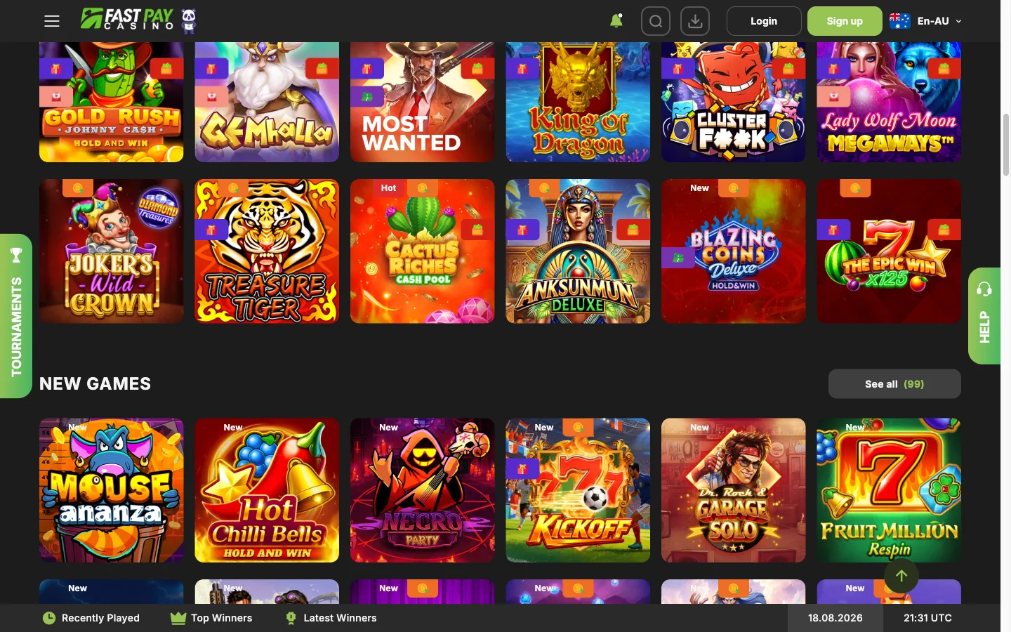 FastPay pokies grid in Australia showing the Popular Games and New Games shelves